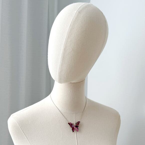 Silver Tone Chain Purple Faux Mother Of Pearl Deco Butterfly Pendant Necklace - Picture 6 of 6